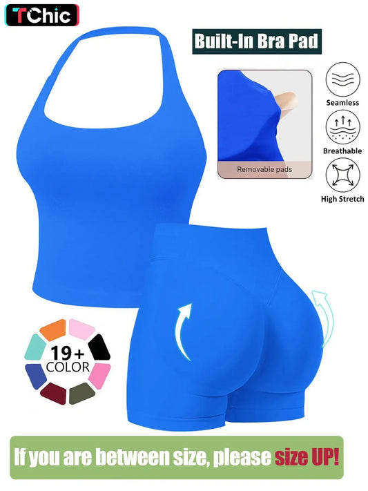 Seamless Workout Sets for Women, Halter Tank Top & Gym Scrunched Shorts Sports Set, Sporty Breathable Quick Drying Outfits for Yoga Gym Workout Running, Ladies Sportswear for Summer, Exercise Clothing Set
